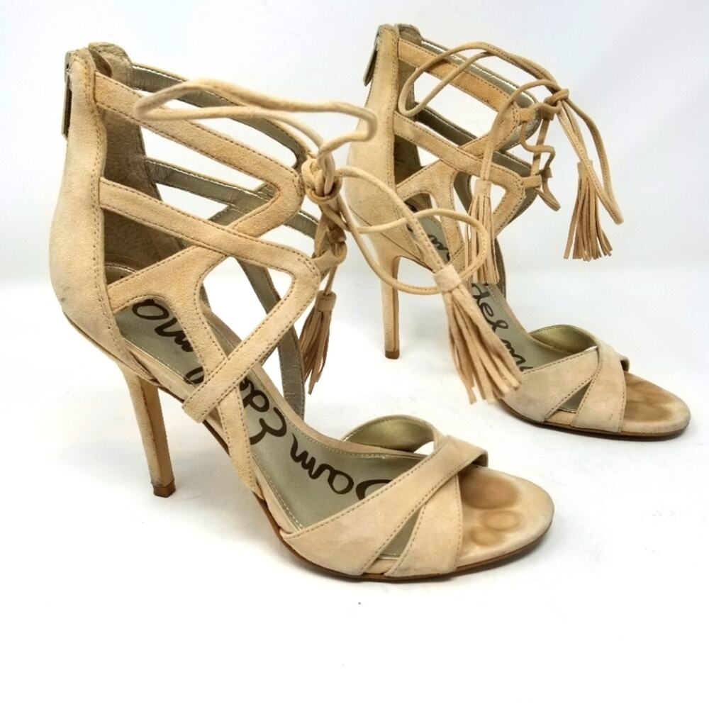 Sam Edelman Beige Tan Strappy Stilettos Heels Azela Leather Heels Size 8